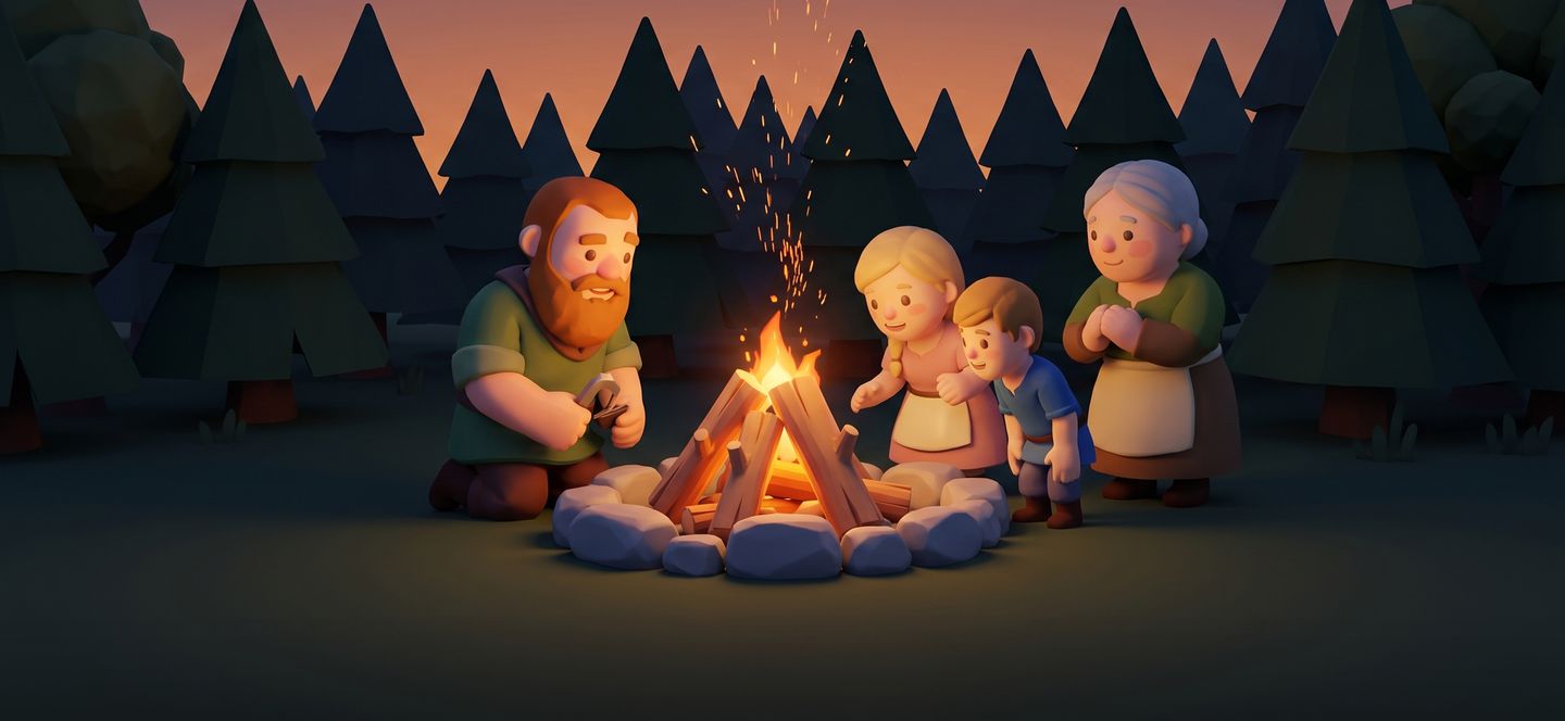 Four settlers, a bearded man striking a flint, a girl, a boy and an old woman, gather round a new camp fire in a pine wood at dusk.