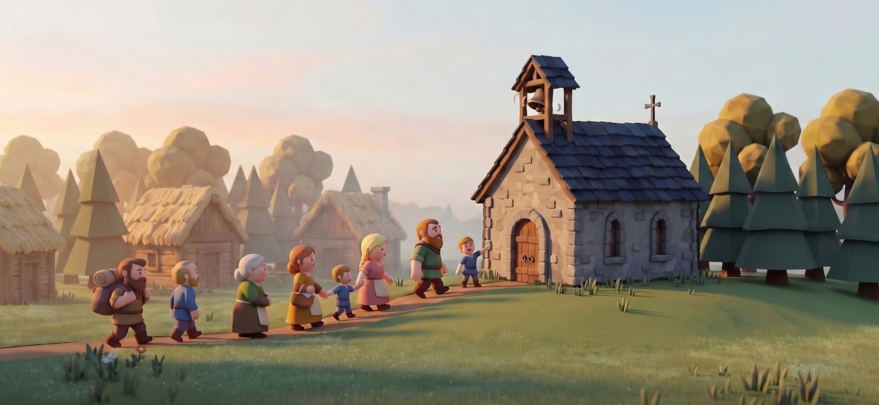 The villagers walk in a line up the path to a small stone chapel with a bell tower.