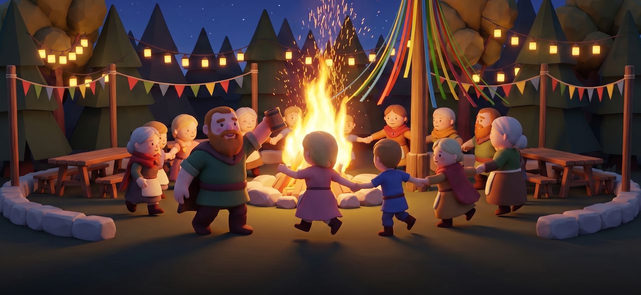 At night the villagers hold hands and dance round a bonfire, under lanterns, bunting and a ribboned maypole.